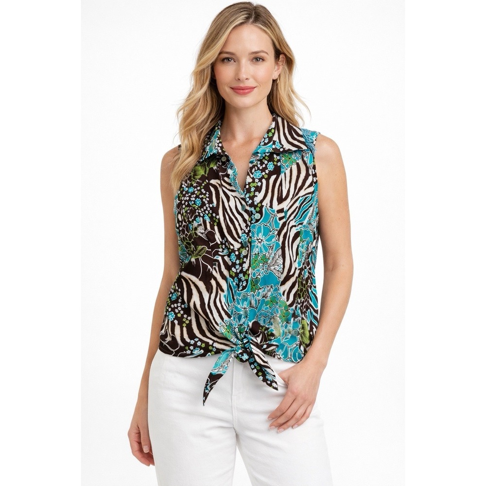 Island‎ Republic Sleeveless Button Front Tie Blouse Size 12 Brown Blue Floral